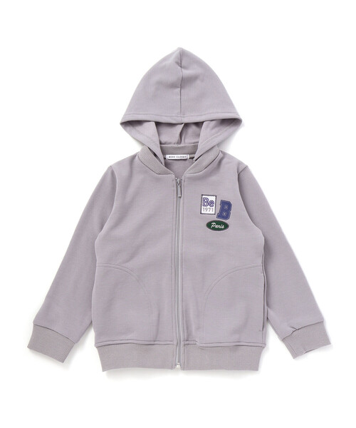 BeBe（ベベ）の「【抗菌防臭・UVカット】ミラノリブワッペン付きフード長袖ZIPカーディガン(90~130cm)（パーカー・キッズ・ネイビー/グレー・S/M/L/XS）」の2枚目の写真