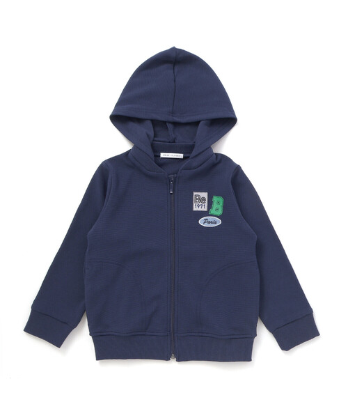 BeBe（ベベ）の「【抗菌防臭・UVカット】ミラノリブワッペン付きフード長袖ZIPカーディガン(90~130cm)（パーカー・キッズ・ネイビー/グレー・S/M/L/XS）」の6枚目の写真