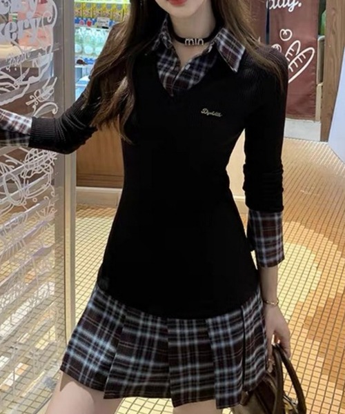 おしゃれスタ（オシャレスタ）の「レイヤード風チェックシャツワンピース（ワンピース・レディース・ブラック・XL/M/L/S）」の6枚目の写真