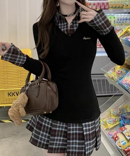 おしゃれスタ（オシャレスタ）の「レイヤード風チェックシャツワンピース（ワンピース・レディース・ブラック・XL/M/L/S）」の8枚目の写真