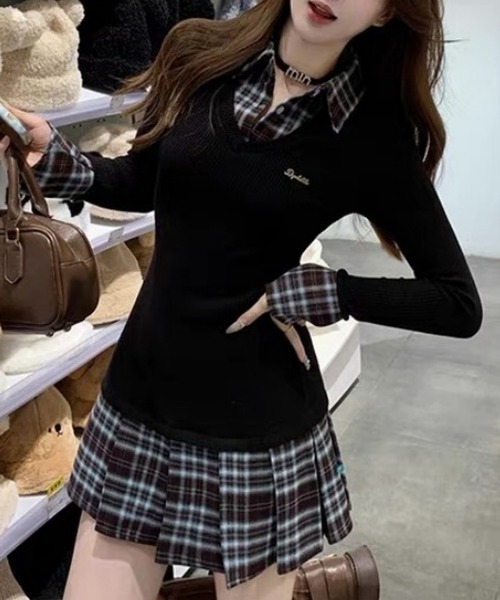 おしゃれスタ（オシャレスタ）の「レイヤード風チェックシャツワンピース（ワンピース・レディース・ブラック・XL/M/L/S）」の4枚目の写真