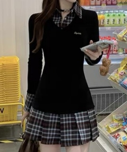 おしゃれスタ（オシャレスタ）の「レイヤード風チェックシャツワンピース（ワンピース・レディース・ブラック・XL/M/L/S）」の11枚目の写真