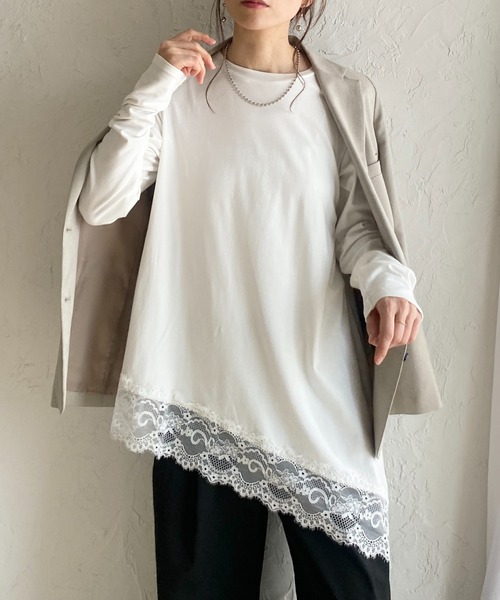 She's Closet(シーズクローゼット)の「アシンメトリー 裾レース ドッキング ロンT レイヤードインナー トップス(Tシャツ/カットソー・レディース・ホワイト/ブラック・FREE)」の1枚目の写真