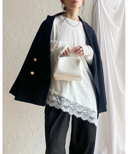 She's Closet(シーズクローゼット)の「アシンメトリー 裾レース ドッキング ロンT レイヤードインナー トップス(Tシャツ/カットソー・レディース・ホワイト/ブラック・FREE)」の5枚目の写真