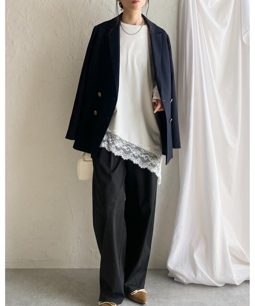 She's Closet(シーズクローゼット)の「アシンメトリー 裾レース ドッキング ロンT レイヤードインナー トップス(Tシャツ/カットソー・レディース・ホワイト/ブラック・FREE)」の6枚目の写真