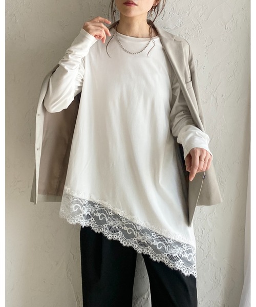 She's Closet(シーズクローゼット)の「アシンメトリー 裾レース ドッキング ロンT レイヤードインナー トップス(Tシャツ/カットソー・レディース・ホワイト/ブラック・FREE)」の10枚目の写真
