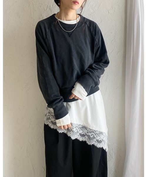She's Closet(シーズクローゼット)の「アシンメトリー 裾レース ドッキング ロンT レイヤードインナー トップス(Tシャツ/カットソー・レディース・ホワイト/ブラック・FREE)」の11枚目の写真