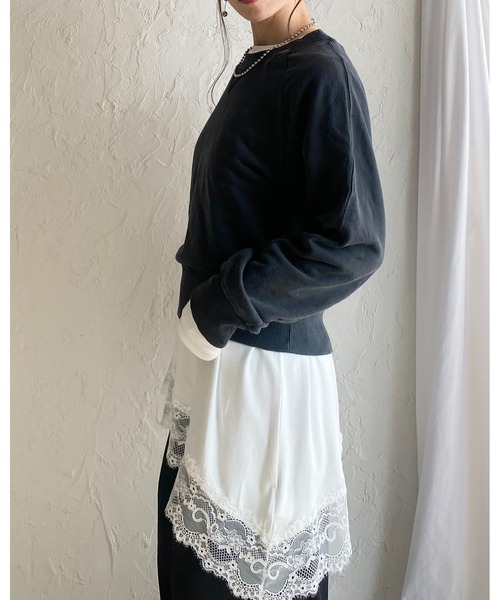 She's Closet(シーズクローゼット)の「アシンメトリー 裾レース ドッキング ロンT レイヤードインナー トップス(Tシャツ/カットソー・レディース・ホワイト/ブラック・FREE)」の12枚目の写真