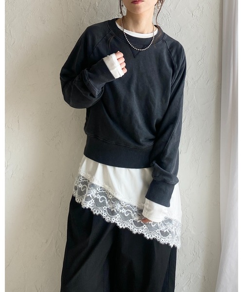 She's Closet(シーズクローゼット)の「アシンメトリー 裾レース ドッキング ロンT レイヤードインナー トップス(Tシャツ/カットソー・レディース・ホワイト/ブラック・FREE)」の13枚目の写真