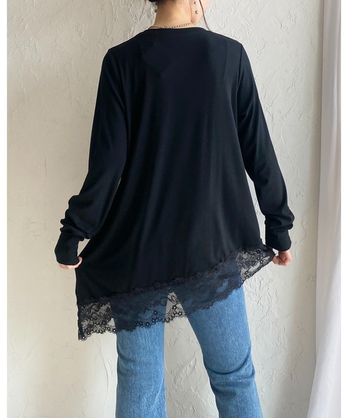 She's Closet(シーズクローゼット)の「アシンメトリー 裾レース ドッキング ロンT レイヤードインナー トップス(Tシャツ/カットソー・レディース・ホワイト/ブラック・FREE)」の14枚目の写真