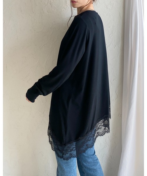 She's Closet(シーズクローゼット)の「アシンメトリー 裾レース ドッキング ロンT レイヤードインナー トップス(Tシャツ/カットソー・レディース・ホワイト/ブラック・FREE)」の15枚目の写真