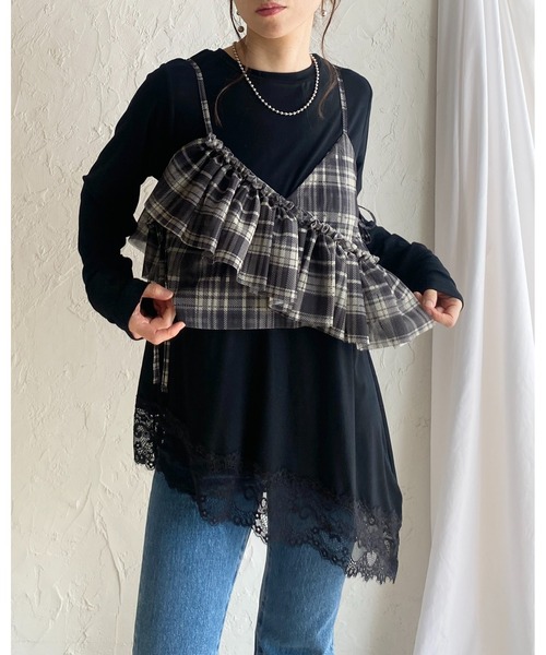 She's Closet(シーズクローゼット)の「アシンメトリー 裾レース ドッキング ロンT レイヤードインナー トップス(Tシャツ/カットソー・レディース・ホワイト/ブラック・FREE)」の16枚目の写真
