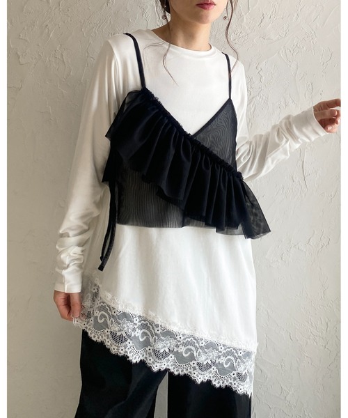She's Closet(シーズクローゼット)の「アシンメトリー 裾レース ドッキング ロンT レイヤードインナー トップス(Tシャツ/カットソー・レディース・ホワイト/ブラック・FREE)」の20枚目の写真