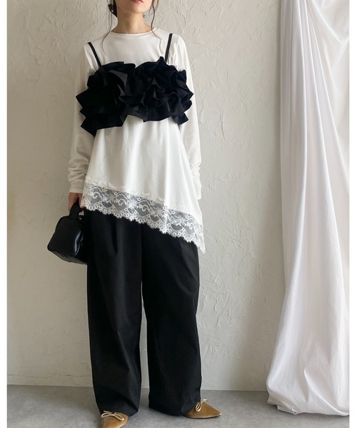 She's Closet(シーズクローゼット)の「アシンメトリー 裾レース ドッキング ロンT レイヤードインナー トップス(Tシャツ/カットソー・レディース・ホワイト/ブラック・FREE)」の21枚目の写真