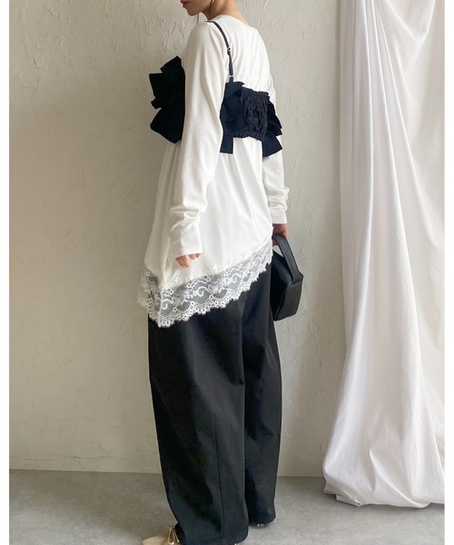 She's Closet(シーズクローゼット)の「アシンメトリー 裾レース ドッキング ロンT レイヤードインナー トップス(Tシャツ/カットソー・レディース・ホワイト/ブラック・FREE)」の22枚目の写真
