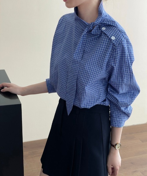 semplice(センプリチェ)の「スタンドカラー チェックシャツ(シャツ/ブラウス・レディース・ブルー・F)」の2枚目の写真
