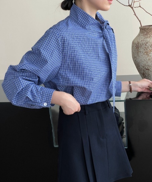 semplice(センプリチェ)の「スタンドカラー チェックシャツ(シャツ/ブラウス・レディース・ブルー・F)」の6枚目の写真