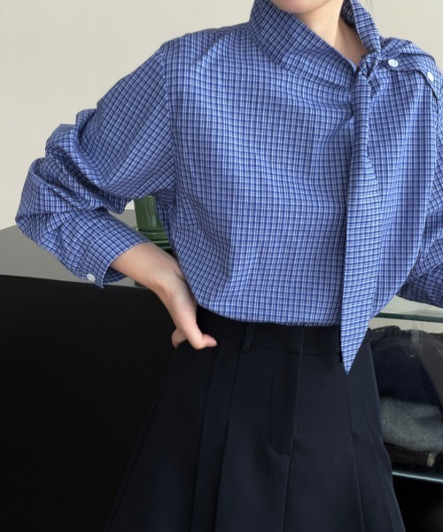semplice(センプリチェ)の「スタンドカラー チェックシャツ(シャツ/ブラウス・レディース・ブルー・F)」の7枚目の写真