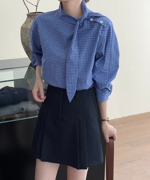 semplice(センプリチェ)の「スタンドカラー チェックシャツ(シャツ/ブラウス・レディース・ブルー・F)」の8枚目の写真