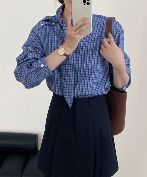 semplice(センプリチェ)の「スタンドカラー チェックシャツ(シャツ/ブラウス・レディース・ブルー・F)」の10枚目の写真