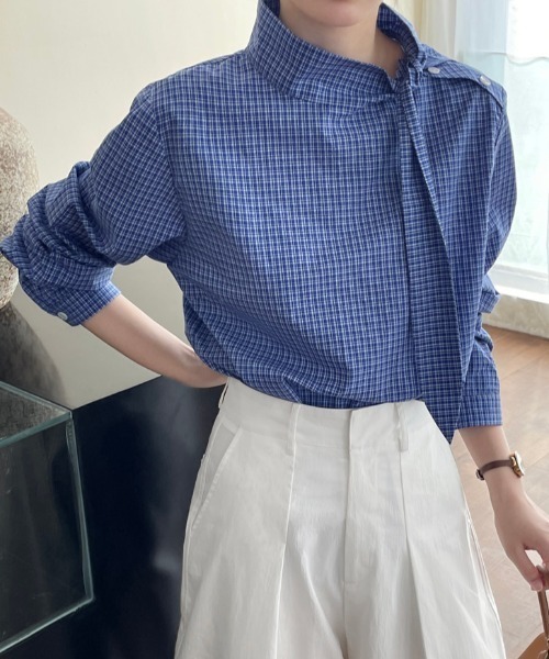semplice(センプリチェ)の「スタンドカラー チェックシャツ(シャツ/ブラウス・レディース・ブルー・F)」の12枚目の写真
