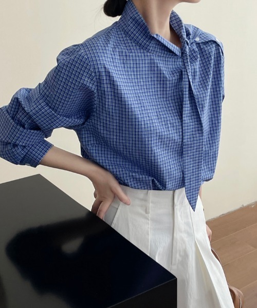 semplice(センプリチェ)の「スタンドカラー チェックシャツ(シャツ/ブラウス・レディース・ブルー・F)」の14枚目の写真