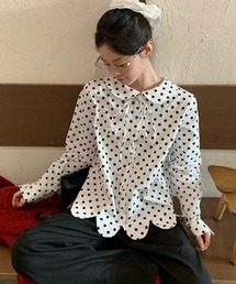 ガーリーレトロ ドット柄長袖シャツ