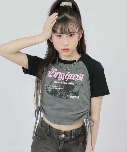 ANAP GｉRL（アナップガール）の「ROCK シャーリング トップス（Tシャツ/カットソー・キッズ・ブラック/レッド・XS/S/M）」の2枚目の写真