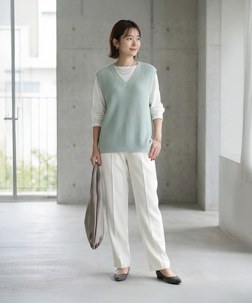 STYLE DELI（スタイルデリ）の「ストライプ編みVネックベスト（ベスト・レディース・ミント/ベージュ・FREE）」の8枚目の写真
