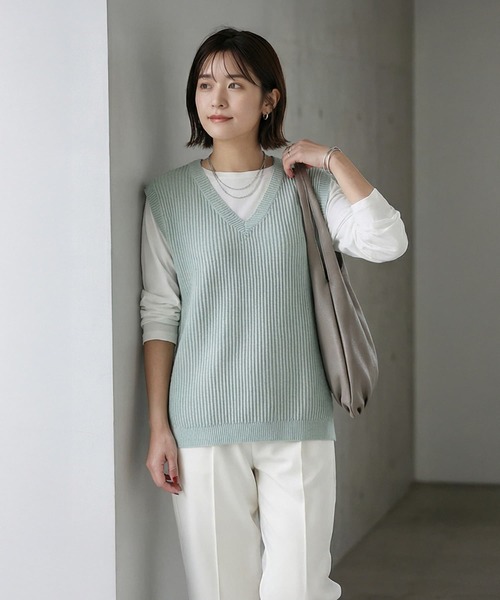 STYLE DELI（スタイルデリ）の「ストライプ編みVネックベスト（ベスト・レディース・ミント/ベージュ・FREE）」の9枚目の写真