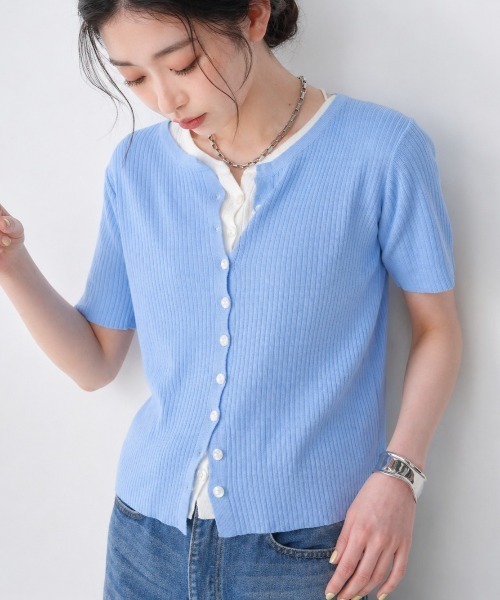 美品 ファビアフィリッピ コットン ローゲージ 半袖カーディガン
