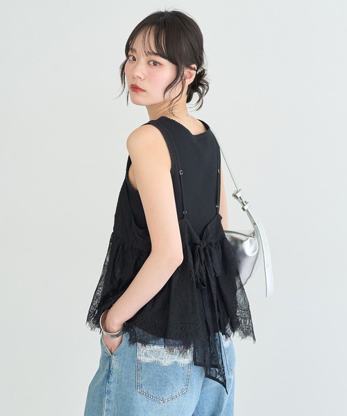 earth music&ecology（アースミュージックアンドエコロジー）の「フリンジレースバックリボンキャミ（キャミソール・レディース・オフホワイト/ブラック・FREE）」の8枚目の写真