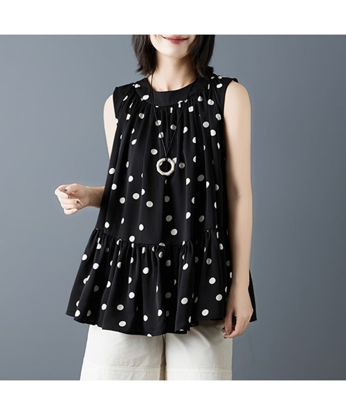ONEP STAR（ワンピスター）の「選べる2TYPE×フリルギャザーノースリーブトップス（Tシャツ/カットソー・レディース・イエロー/オレンジ/ストライプ/ドット/ブラック×イエロー/ネイビー×ホワイト/ブルー・MEDIUM/LARGE/X-LARGE）」の7枚目の写真
