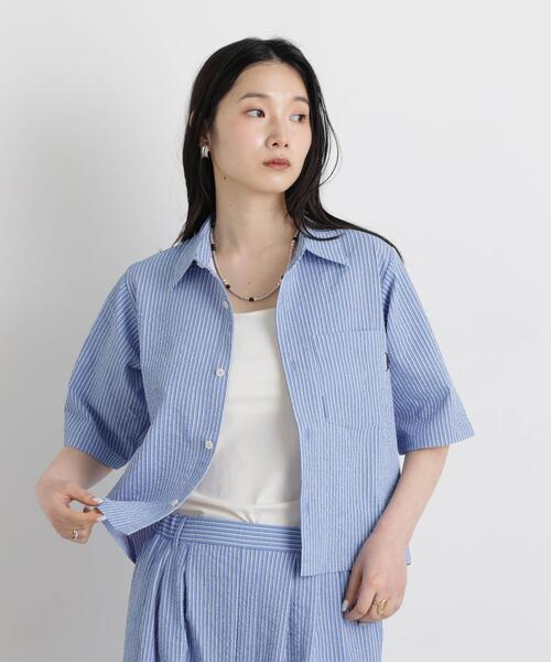 THOUSAND MILE（サウザンドマイル）の「THOUSAND MILE/SEERSUCKER STRIPE SHIRT(セットアップ可)（シャツ/ブラウス・レディース・ライトブルー・FREE）」の3枚目の写真
