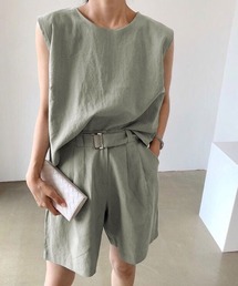 ベルト付きノースリーブトップス&ショートパンツセットアップ
