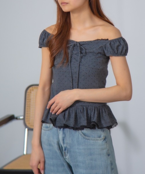 Nia(ニア)の「Nia(ニア)/【レースチョーカー付き】ドット柄ペプラムフリルトップス(Tシャツ/カットソー・レディース・ライトブルー/ホワイト/チャコールグレー・FREE)」の10枚目の写真