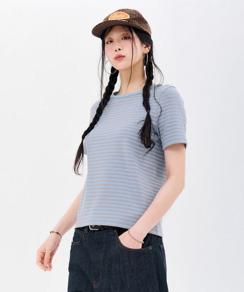 CHASECULT(チェイスカルト)の「レディースストライプリブ半袖Tシャツ-FBRG5863D0D(Tシャツ/カットソー・レディース・スカイブルー・85/90/95)」の3枚目の写真