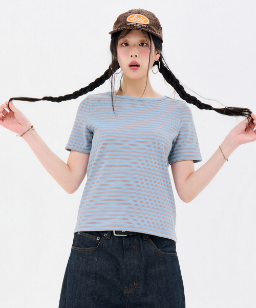 CHASECULT(チェイスカルト)の「レディースストライプリブ半袖Tシャツ-FBRG5863D0D(Tシャツ/カットソー・レディース・スカイブルー・85/90/95)」の4枚目の写真
