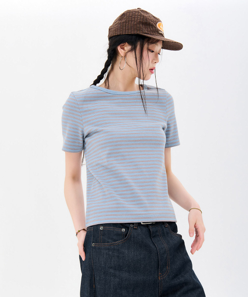 CHASECULT(チェイスカルト)の「レディースストライプリブ半袖Tシャツ-FBRG5863D0D(Tシャツ/カットソー・レディース・スカイブルー・85/90/95)」の5枚目の写真