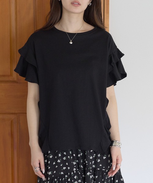 PREFERIR(プレフェリール)の「綿100%ダブルフレアスリーブTシャツ/二の腕カバー(Tシャツ/カットソー・レディース・ホワイト/ブラック/カーキ/ピンクベージュ・MEDIUM)」の2枚目の写真