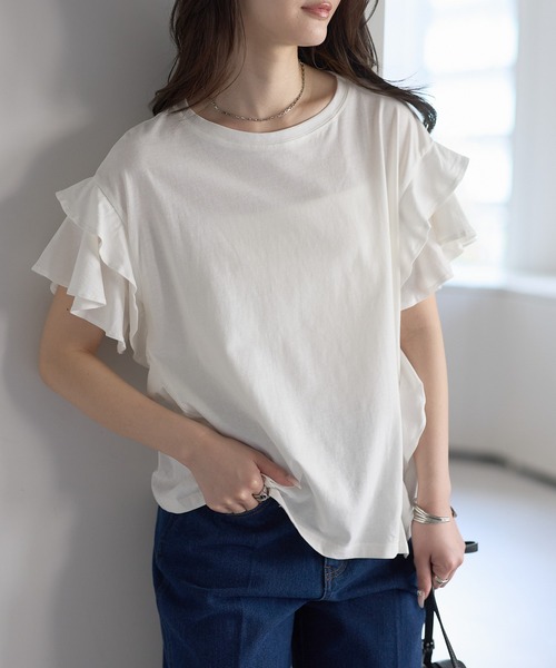 PREFERIR(プレフェリール)の「綿100%ダブルフレアスリーブTシャツ/二の腕カバー(Tシャツ/カットソー・レディース・ホワイト/ブラック/カーキ/ピンクベージュ・MEDIUM)」の9枚目の写真