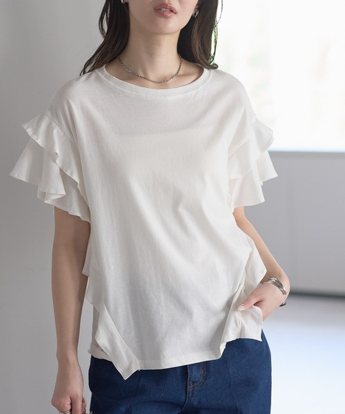 PREFERIR(プレフェリール)の「綿100%ダブルフレアスリーブTシャツ/二の腕カバー(Tシャツ/カットソー・レディース・ホワイト/ブラック/カーキ/ピンクベージュ・MEDIUM)」の7枚目の写真