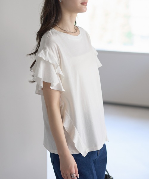 PREFERIR(プレフェリール)の「綿100%ダブルフレアスリーブTシャツ/二の腕カバー(Tシャツ/カットソー・レディース・ホワイト/ブラック/カーキ/ピンクベージュ・MEDIUM)」の8枚目の写真