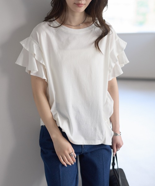 PREFERIR(プレフェリール)の「綿100%ダブルフレアスリーブTシャツ/二の腕カバー(Tシャツ/カットソー・レディース・ホワイト/ブラック/カーキ/ピンクベージュ・MEDIUM)」の10枚目の写真