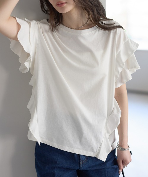 PREFERIR(プレフェリール)の「綿100%ダブルフレアスリーブTシャツ/二の腕カバー(Tシャツ/カットソー・レディース・ホワイト/ブラック/カーキ/ピンクベージュ・MEDIUM)」の11枚目の写真