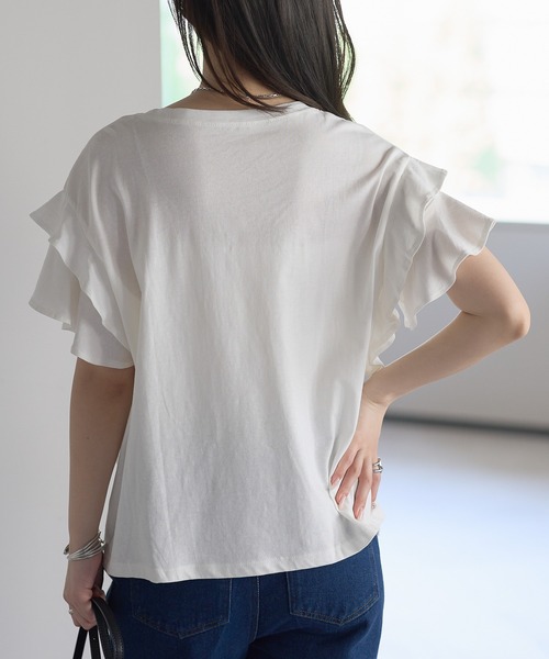 PREFERIR(プレフェリール)の「綿100%ダブルフレアスリーブTシャツ/二の腕カバー(Tシャツ/カットソー・レディース・ホワイト/ブラック/カーキ/ピンクベージュ・MEDIUM)」の13枚目の写真