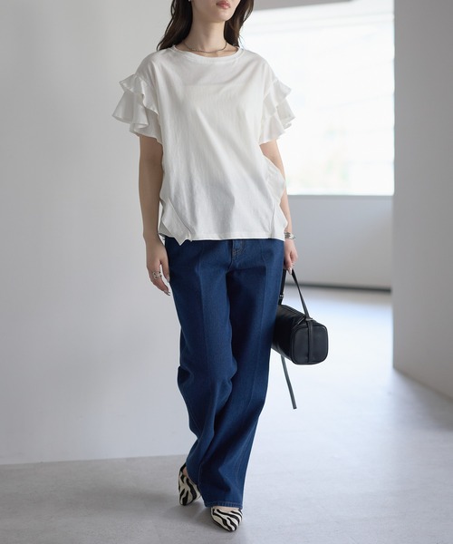 PREFERIR(プレフェリール)の「綿100%ダブルフレアスリーブTシャツ/二の腕カバー(Tシャツ/カットソー・レディース・ホワイト/ブラック/カーキ/ピンクベージュ・MEDIUM)」の14枚目の写真