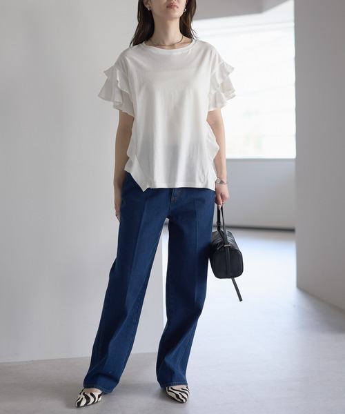 PREFERIR(プレフェリール)の「綿100%ダブルフレアスリーブTシャツ/二の腕カバー(Tシャツ/カットソー・レディース・ホワイト/ブラック/カーキ/ピンクベージュ・MEDIUM)」の15枚目の写真