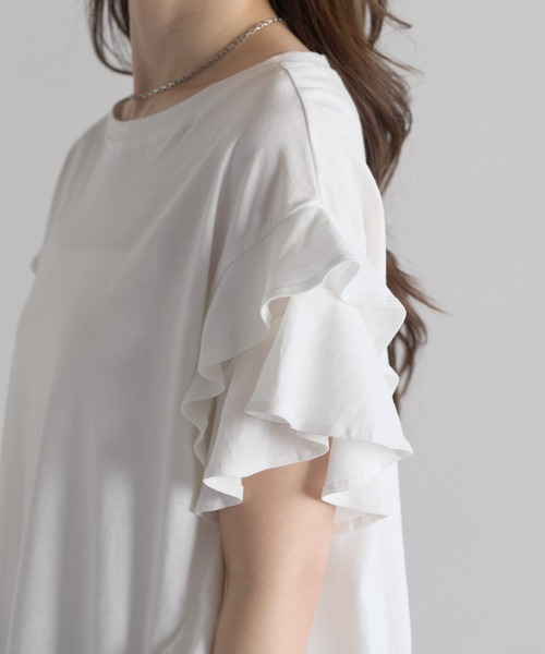 PREFERIR(プレフェリール)の「綿100%ダブルフレアスリーブTシャツ/二の腕カバー(Tシャツ/カットソー・レディース・ホワイト/ブラック/カーキ/ピンクベージュ・MEDIUM)」の20枚目の写真