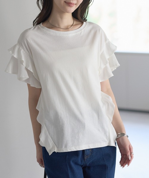 PREFERIR(プレフェリール)の「綿100%ダブルフレアスリーブTシャツ/二の腕カバー(Tシャツ/カットソー・レディース・ホワイト/ブラック/カーキ/ピンクベージュ・MEDIUM)」の6枚目の写真
